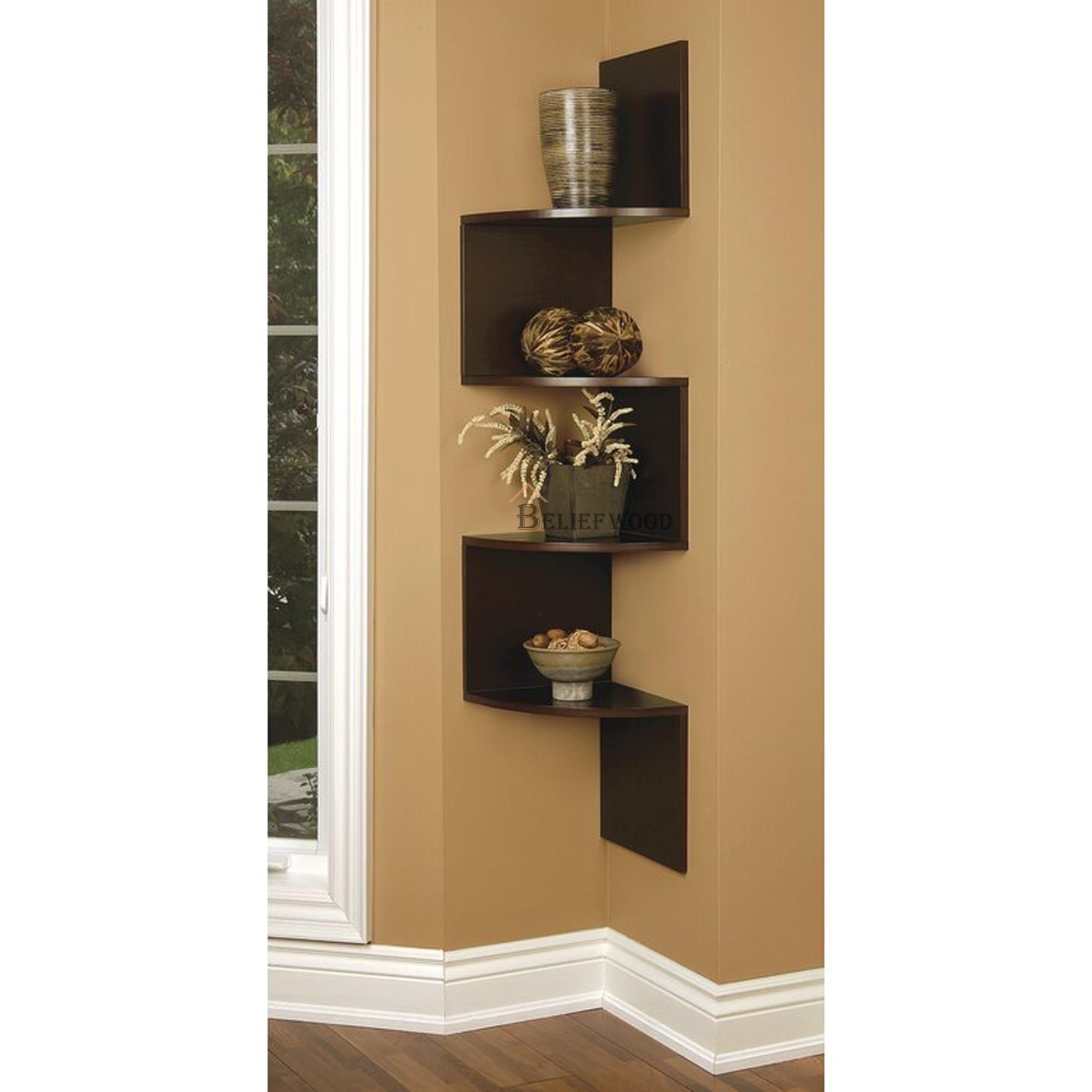 BELIEF WOOD Modern Wall Corner Zig Zag Wall Shelf Corner Hanging Shelf for Living Room Stylish Floating Home Wall Decor Storage Rack Shelve for Home & Offices (Large, Brown)-image-5