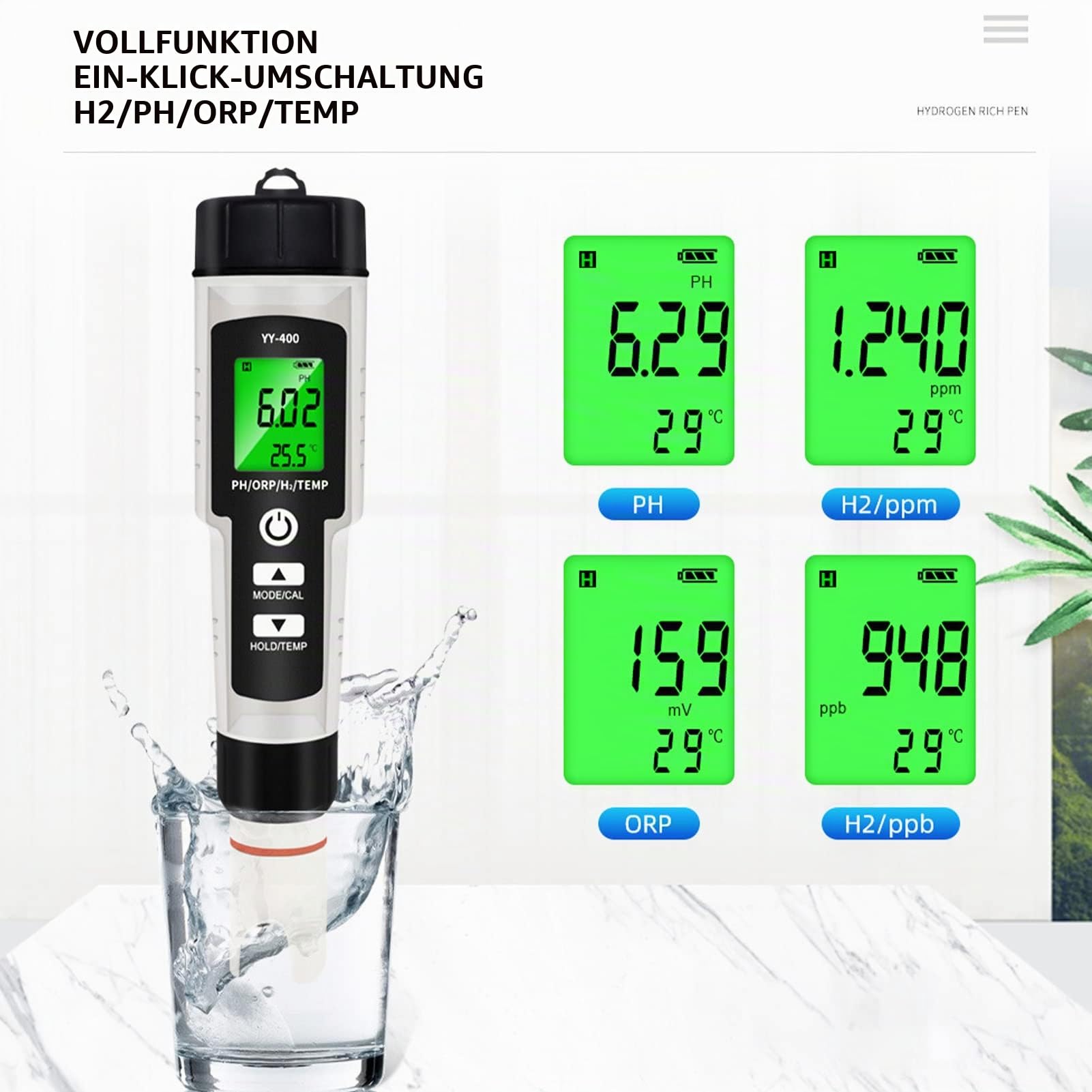 Wasserqualität Tester, Vier Funktionen in Einem, Stiftförmiges Design, Abnehmbares Design, LCD Digitalanzeige zur Messung von PH, ORP, H2 Wasserstoffgehalt und Temperaturwert