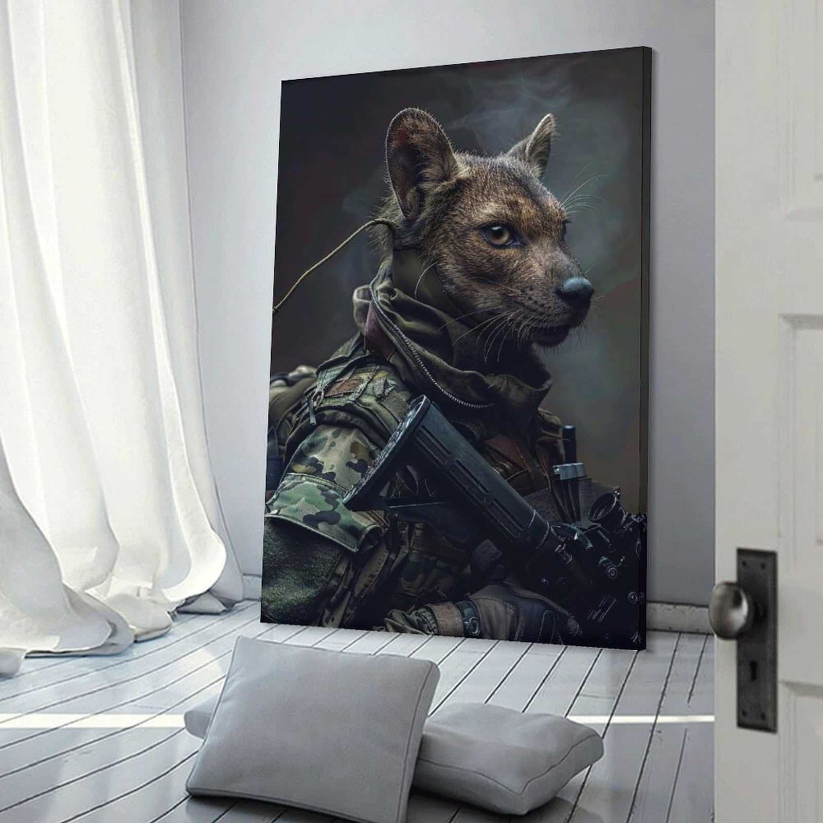 Junmoney Frame-Style-13 Anthropomorphic Fox Soldier With Rifle Canvas Wall Decor, 08X12inch(20X30cm), For Apartment Walls, Studios Or Work Areas, Decorative Canvas Decor For Home Updates