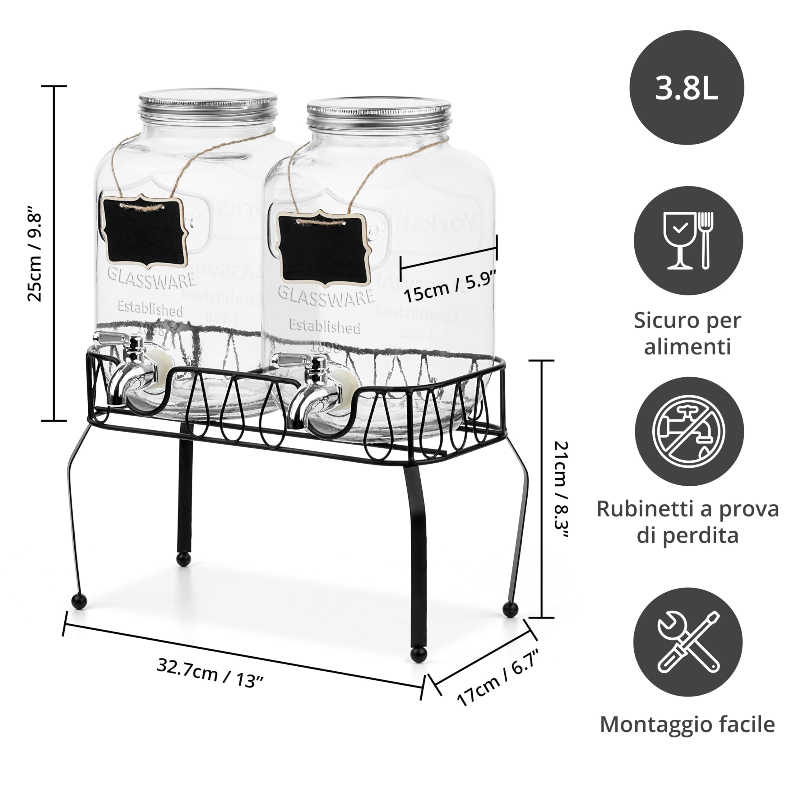 Winter Shore Distributore Bevande in Vetro da 3,8L con Supporto [Set da 2] - Dispenser Bevande in Materiali Alimentari e Senza BPA per Succo, Tè - 2 Dispenser con Rubinetto e 2 Etichette in Legno