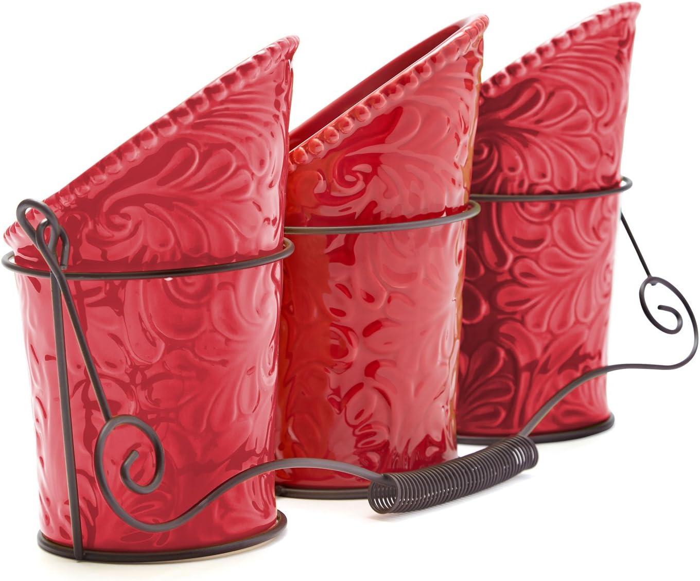 Kitchen Flatware Caddy - 3 Ceramic Utensil Holders (4" Dia x 7" H each) & 1 Wire Caddy - Red