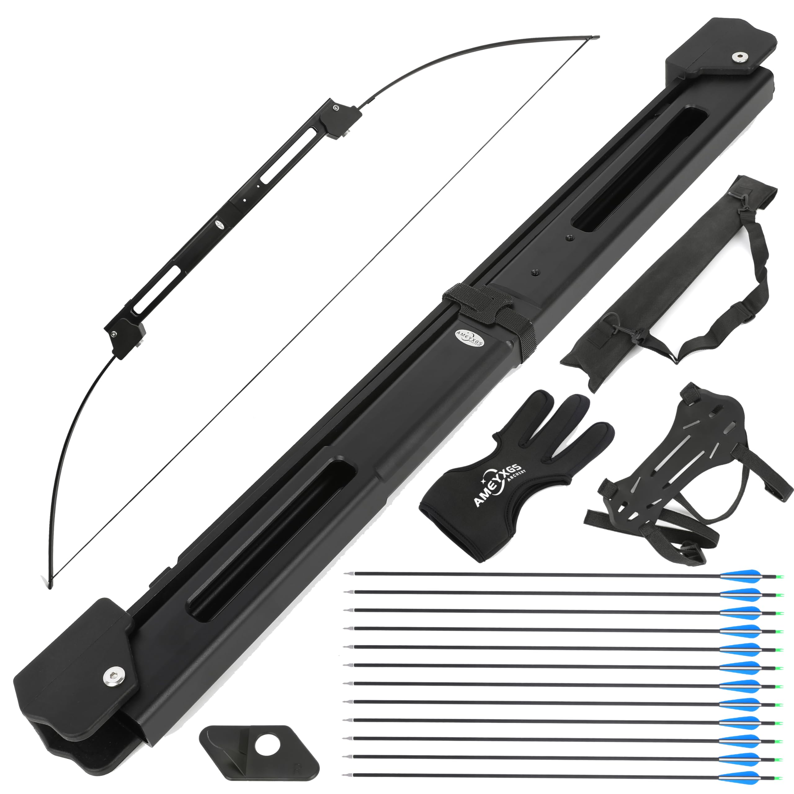 AMEYXGS 55? Folding Bow and Arrow Set Draw Weight 35LB Aluminum Alloy Riser Recurve Bow for Left and Right Hand Archer Hunting Taget Practice (Black Set)