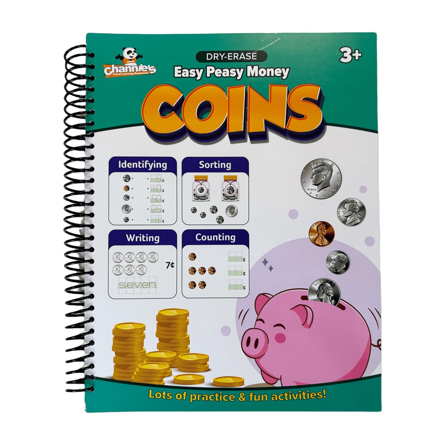 Channie's Easy Peasy Dry Erase Money Book - Fun Toddler Activity Book - Teaches Counting Coins for Kids Ages 3-5/6-8 - Pennies, Nickels, Dimes, Quarters - Money Workbooks for Kids - 65+ Pages