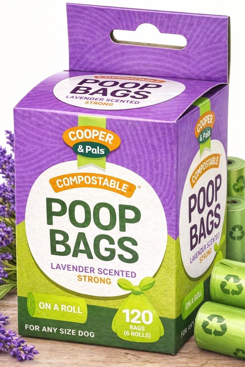 Cooper & Pals Biodegradable Dog Poop Bags, Lavender Scented Pet Waste Bags, Strong & Leak-Resistant, 120 Count (6 Rolls x 20 Bags), Fits Standard Dispensers