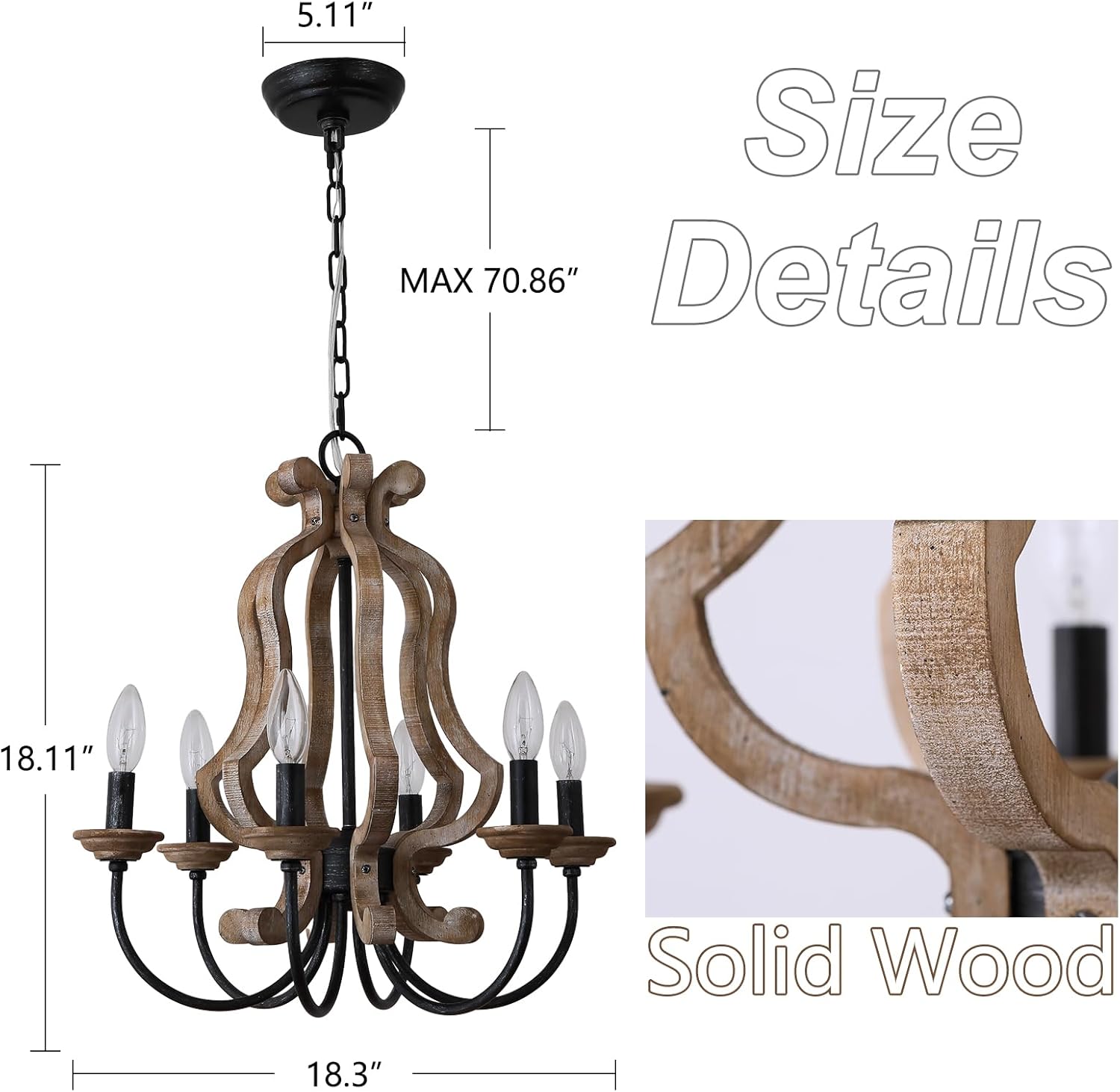 18.3" Black Modern Vintage Farmhouse Wood Chandelier 6-Lights Distressed Wooden Chandelier Modern Rustic Candle Chandeliers for Dining Room Kitchen Island Foyer Living Room Entryway Hallway