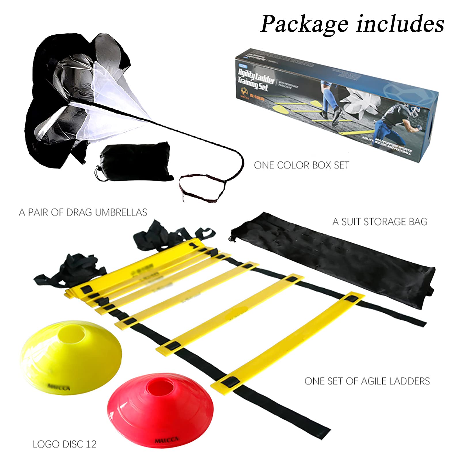 Paracadute Resistenza Set di Attrezzature per L'allenamento del Calcio, Include Paracadute di Resistenza/Scala di Agilità Regolabile E 12 Dischi con Logo, per L'allenamento di Bambini E Adulti