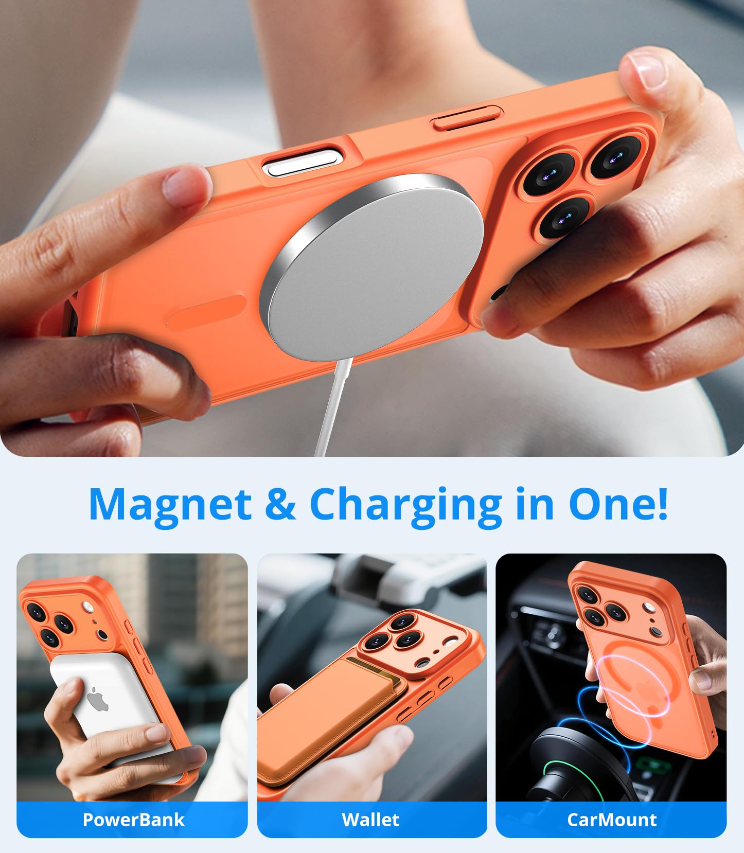 Vansdon Cover Magnetica per iPhone 17 Pro con 1 Pezzi Vetro Temperato, Compatibile con Magsafe, Protezione anticaduta di livello militare, Custodia Traslucida Opaca Sottile Antiurto-Arancia