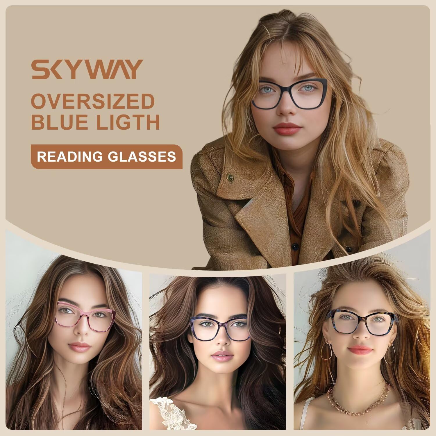 SKYWAY Occhiali da Lettura per Donna,Occhiali da Computer Oversize alla Moda con Blocco Luce Blu,Montatura Quadrata a Occhio di Gatto con Cerniera a Molla - 2