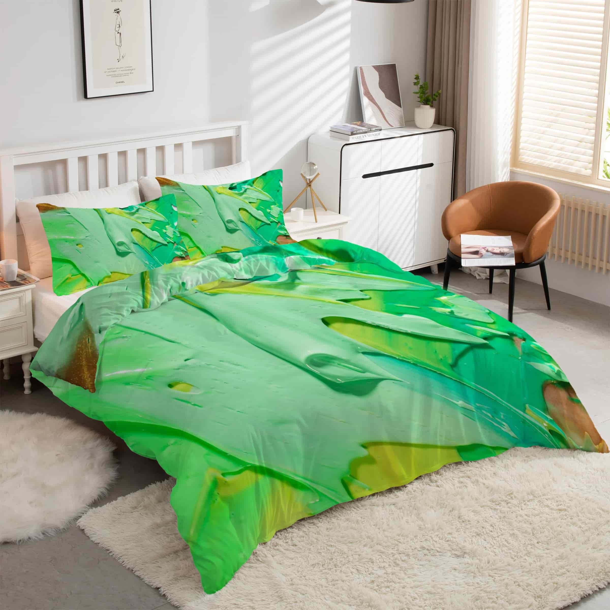Housse couette 240x260 vert peinture à l'huile avec 2 taies d'oreiller microfibre