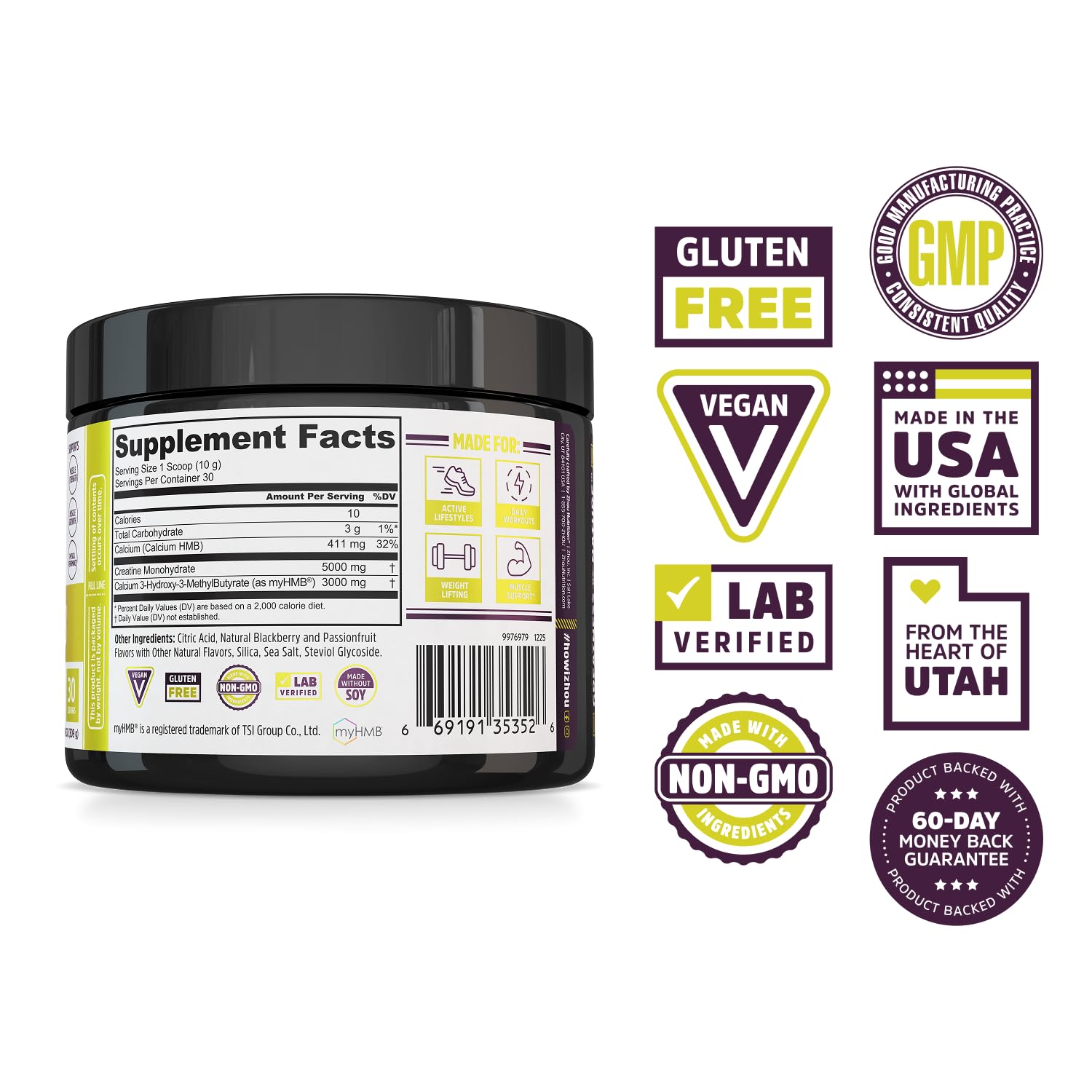 Zhou Creatine Plus HMB Powder - Muscle Growth, Power Support, Endurance, and Exercise Performance Support - BlackBerry Passionfruit Flavor - Vegan, Gluten-Free, Non-GMO - 30 Servings, 10.9 oz — Amazon image 2