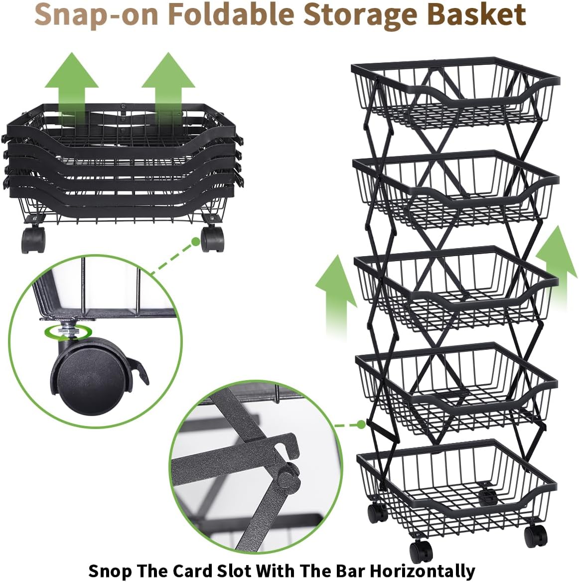 Fruit Vegetable Storage Basket 5 Tiers Stackable Metal Wire Fruit Basket Kitchen Cart with Wheels Vegetable Storage Holder for Onions Potatoes Bread Snack Veggie, Black