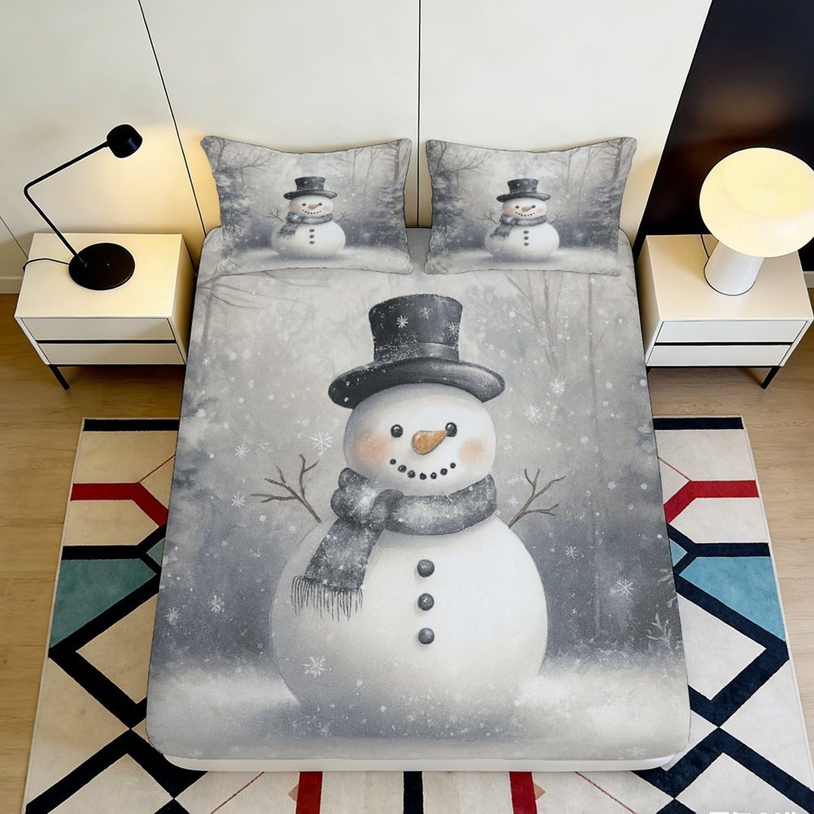 3D Printed Snowman Fitted Sheet Microfiber Soft Breathable Winter Scene Bed Cover for Bedroom Dormitory Guest Room Mattress Protection Decoration 160x200x25cm