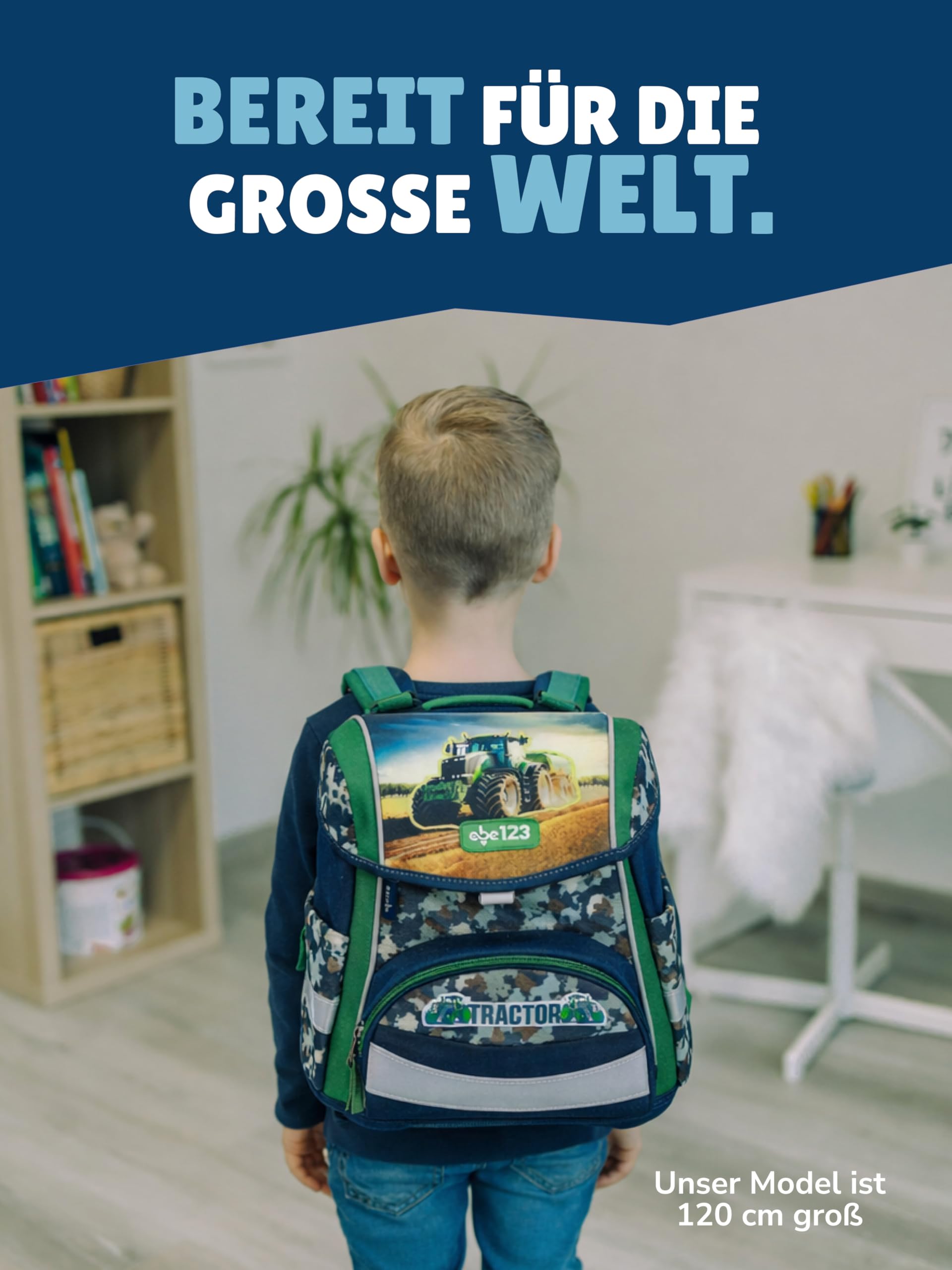 Familando - Ergo Premium Schulranzen Set - 5-teilig mit Federmappe - Traktor Blau Grün - Ergonomisch, stabil & mit verstellbarem Rückenpolster - 1000g - 20L Volumen - Mit Reflektoren - ab 1. Klasse