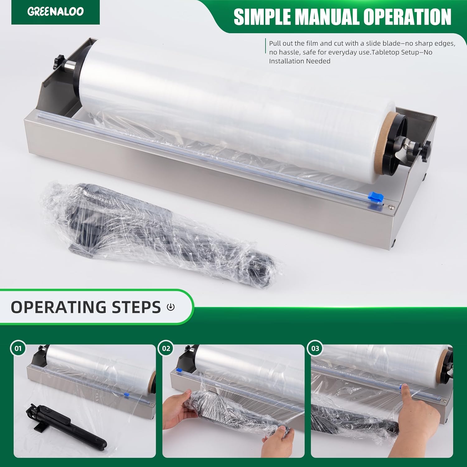 Table Stretch Film Dispenser, Greenaloo 500mm Stainless Steel Plastic Wrap Packaging Machine for 19 Inch Shrink and Cling Film, Ideal for Warehouse and Industrial Packing