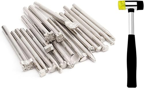 Miniatura 8 de Herramientas de estampado de cuero con martillo de goma, 71 piezas de cuero de diferentes formas para hacer sillones, juego de punzones de cuero,