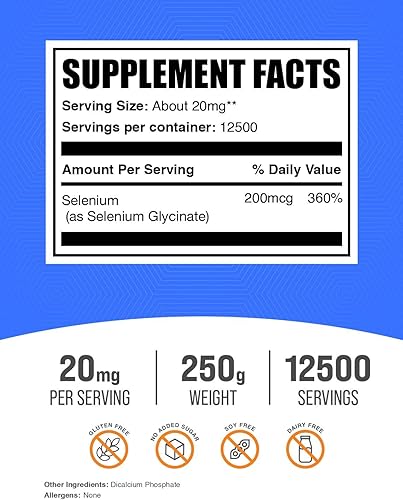 Miniatura 2 de BulkSupplements. com Selenio Glicinato en polvo  Selenio 200mcg, suplemento mineral  Rastro esencial mineral y sin gluten, 20 mg por porción, 250 g