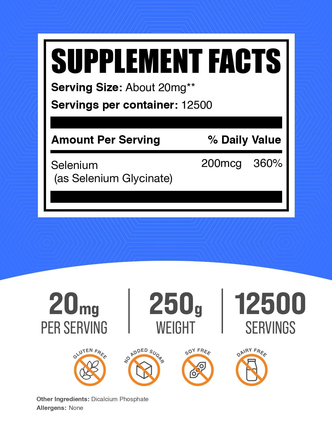 BulkSupplements.com Selenium Glycinate Powder - Selenium 200mcg, Mineral Supplement - Essential Trace Mineral & Gluten Free, 20mg per Serving, 250g (8.8 oz) (Pack of 1) — Amazon image 2