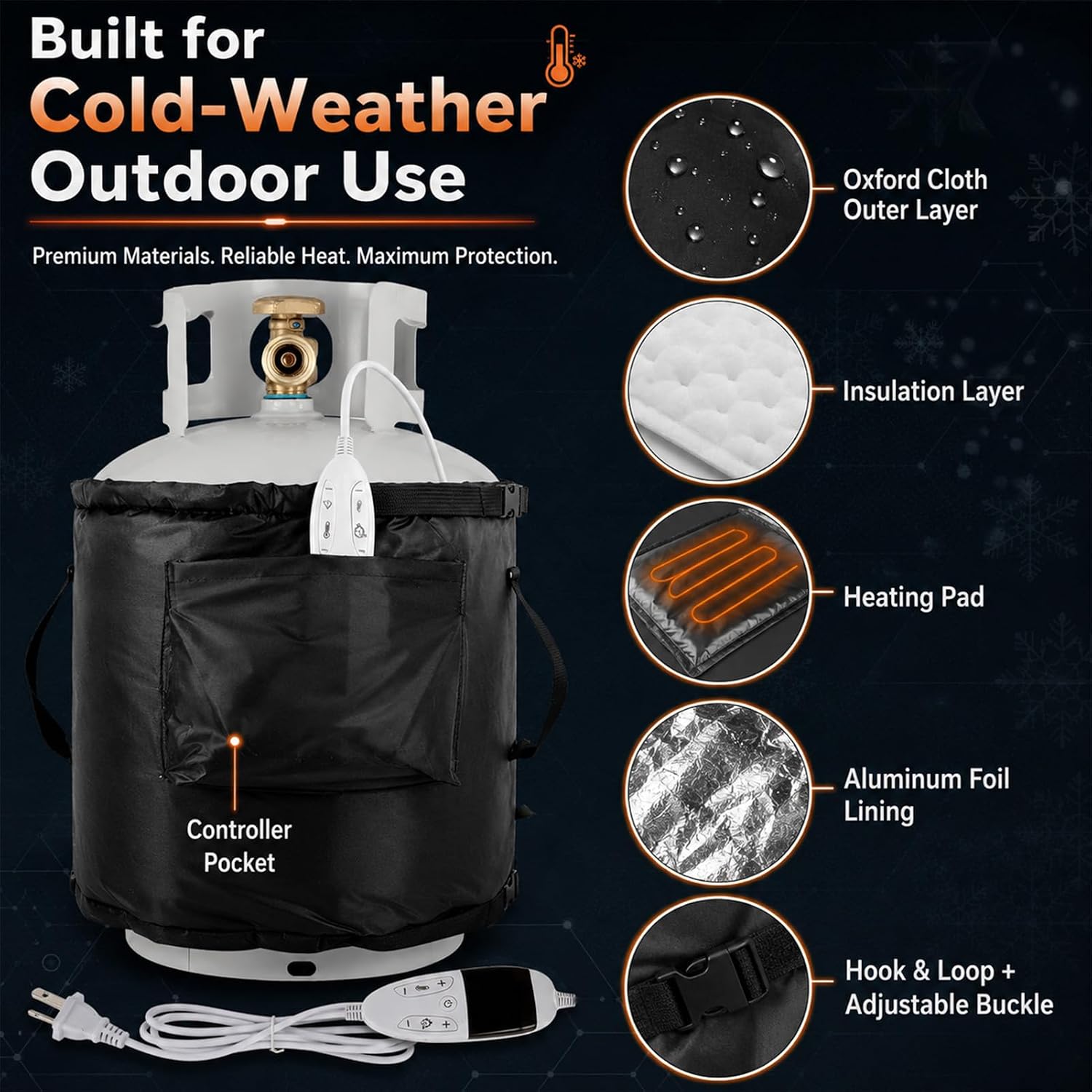 Propane Tank Heater Blanket, Gas LP Cylinder Warmer with Temperature Control, 110V Propane Tank Heating Wrap, 47.2 x 12.6 Inch Gas Cylinder Heating Pad for Winter Camping, Outdoor Use, Black