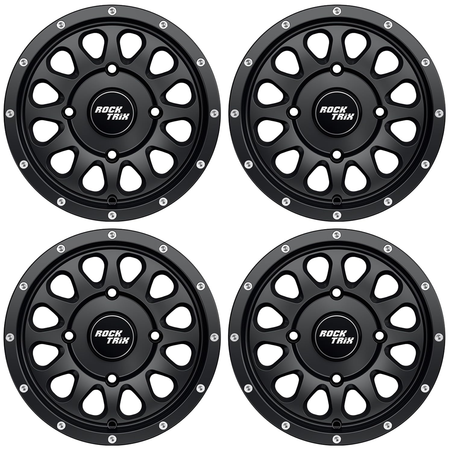 RockTrix RT111 12x7 ATV UTV Wheel 4x156 4+3 Offset, Matte Black, 4pc Set