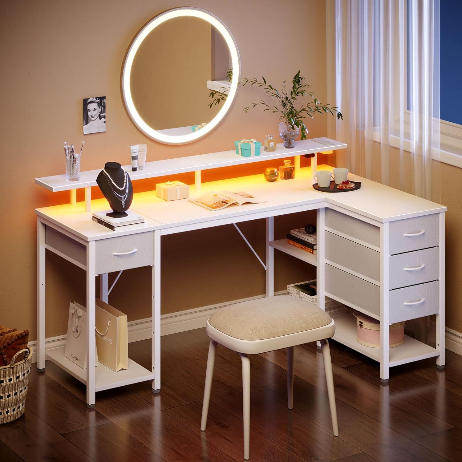 Seventable L Shaped Computer Desk with Drawers 47.2 inch,Gaming Desk with Power Outlets & LED Lights,Reversible Office Desk with Storage Shelves,Corner Desk with Monitor Stand for Home Office White - Image 2