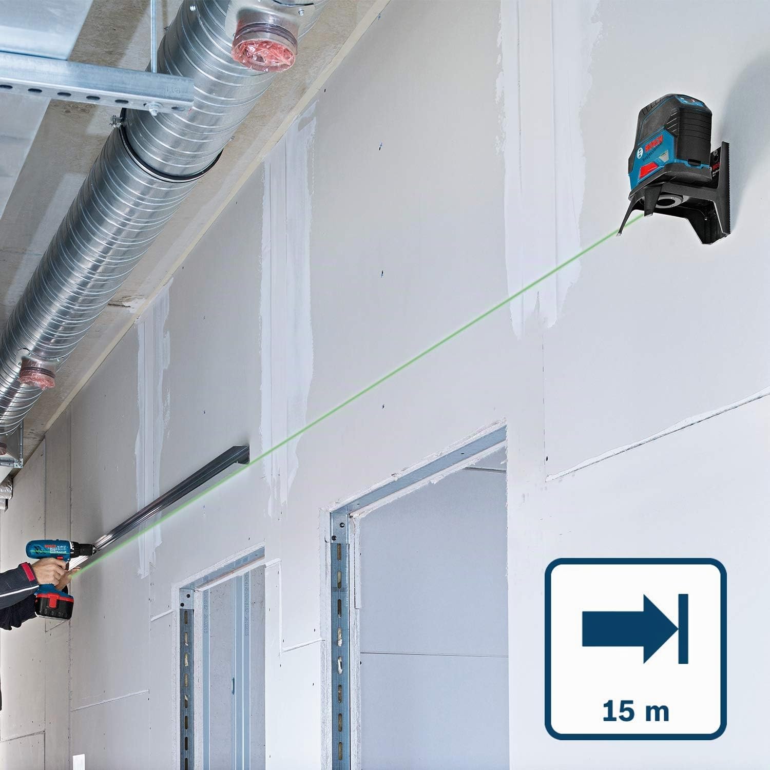 Bosch Professional laser combiné en croix GCL 2-15 G (laser vert, pour l'intérieur, avec points d’aplomb, portée : 15 m, 3 piles 1,5 V , support rotatif RM 1, cible laser, coffret de transport)