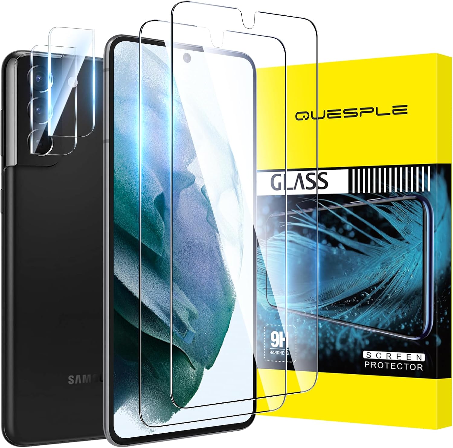 [2+2 Pack]QUESPLE 2 Pack Screen Protector for Samsung Galaxy S21 and 2 Pack Camera Lens