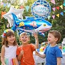 Rozi Decoration Shark Theme Foil Balloon Set with Happy Birthday Balloons, Blue Shark Shape Balloon and Star Balloons for Birthday Decoration, Kids Party and Ocean Theme Decor Pack of 5 Pcs gallery image