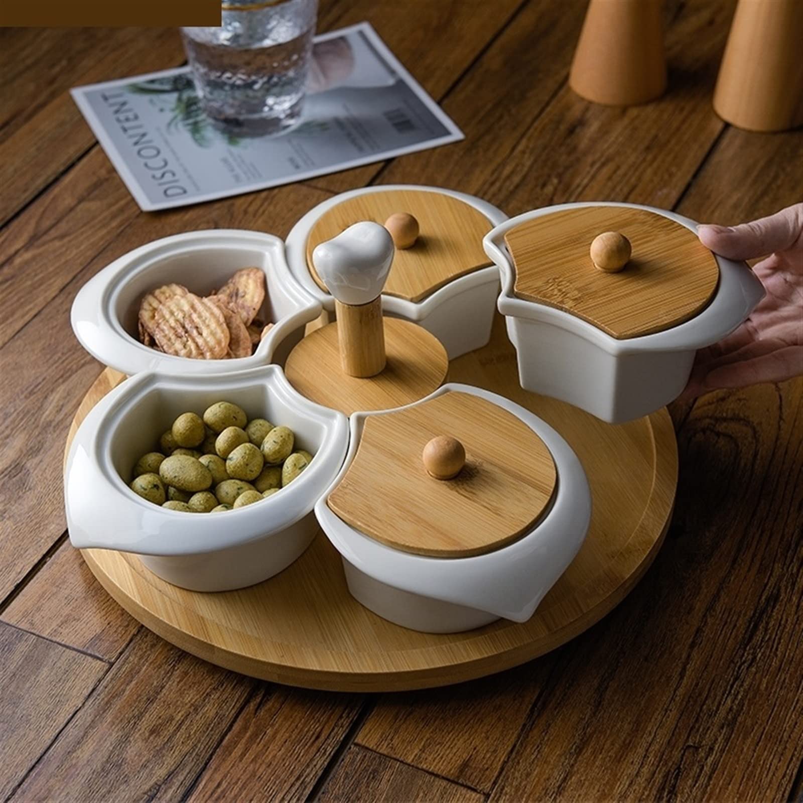 Snack-Serviertablett, weiße Keramik mit Drehteller, Obstteller mit fünf Gittern und Holzdeckel, drehbarer Snack-Nuss-Teller, Dessert-Snack-Tablett, Obstteller-Set, Vorspeisentablett (Farbe: