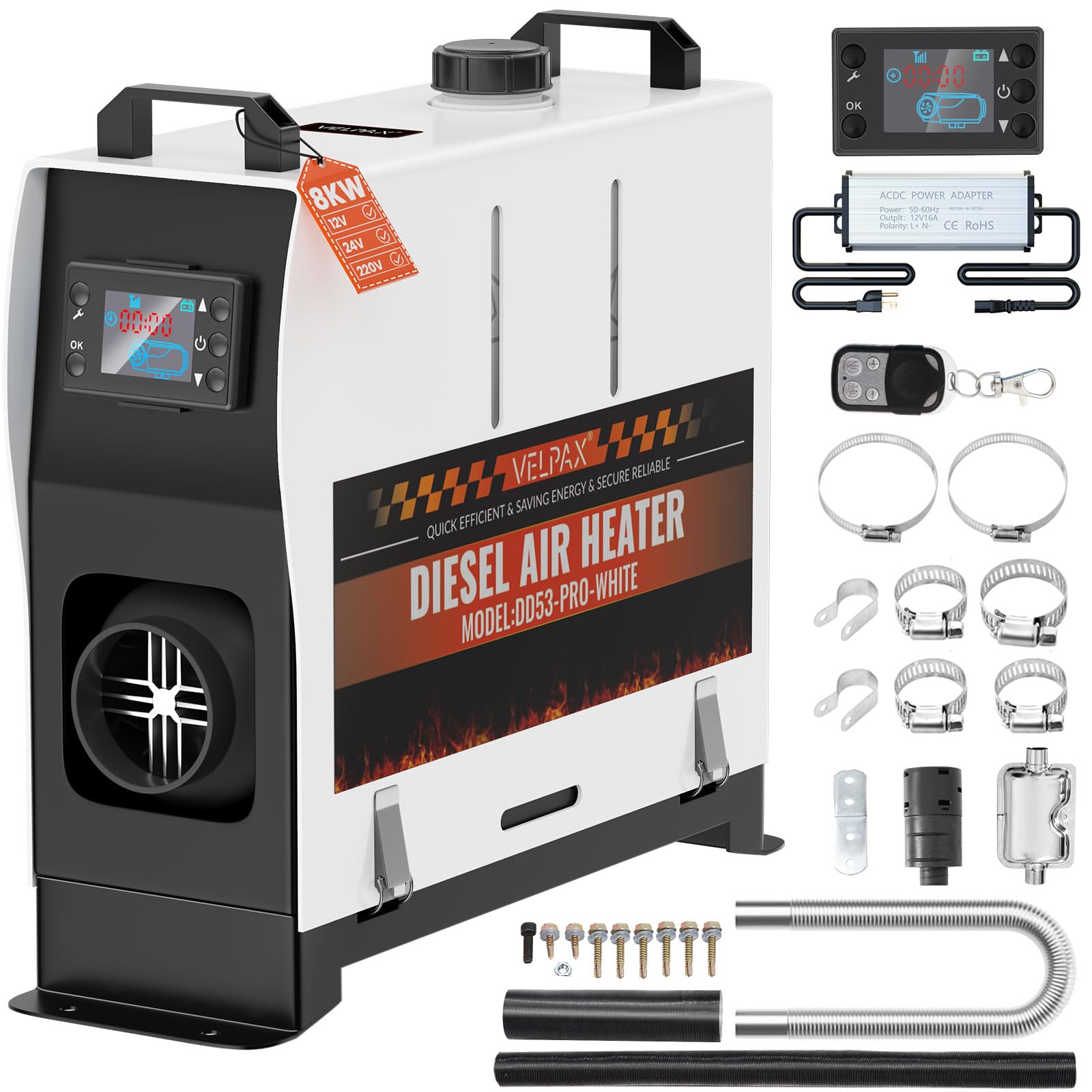 VELPAX Calentador Diésel Portátil Todo en Uno 12 V 24V 220V 8KW,Calentador de Aire Diesel 0,16-0,52 L/h LCD de control remoto,adecuado para automóviles, camiones, barcos