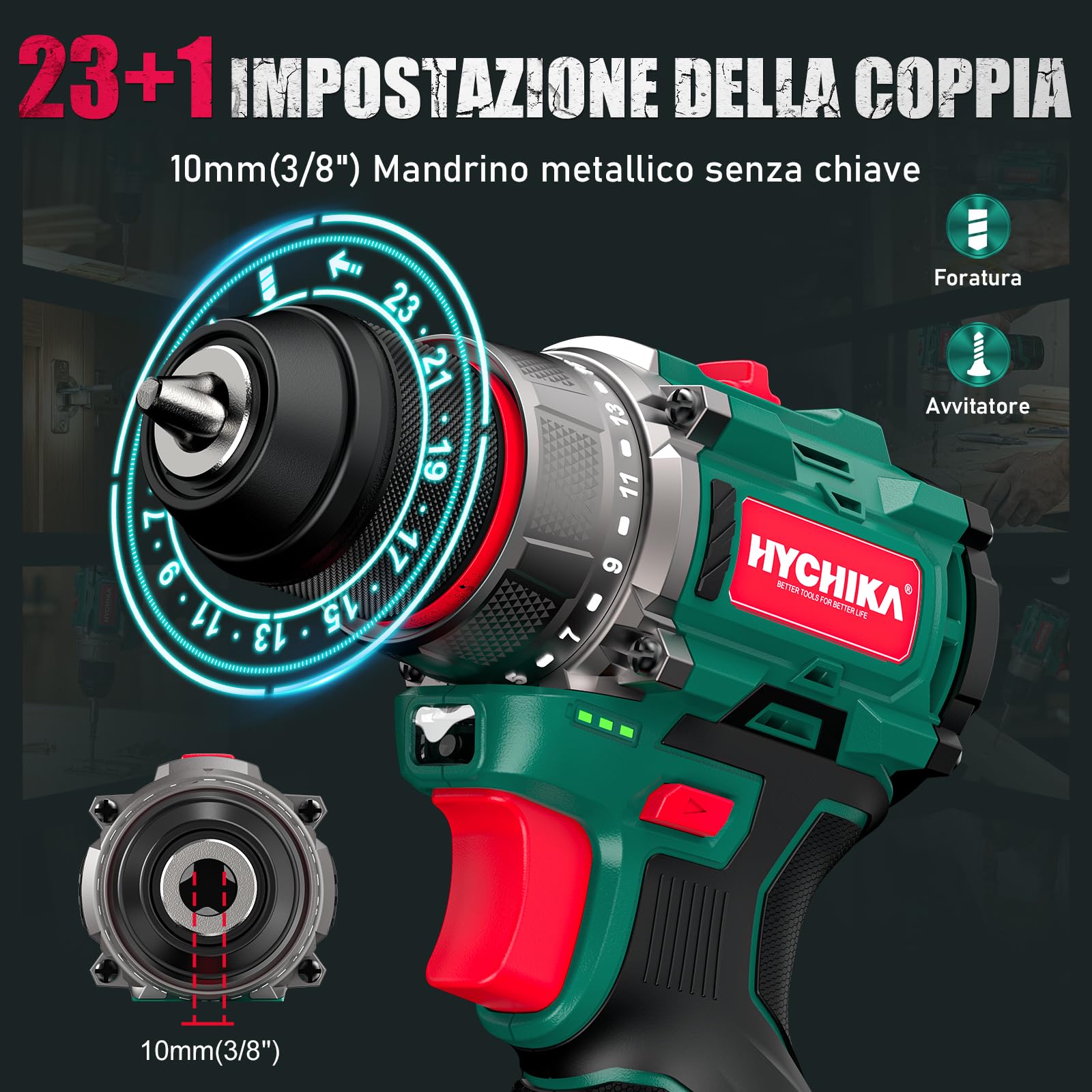 HYCHIKA Set di avvitatore e trapano a batteria 16,8V, motore senza spazzole, 45Nm max, 23+1 coppie di coppia, 53 pezzi, 2 velocità, luce LED, batteria da 1500mAh, cacciavite elettrico senza fili