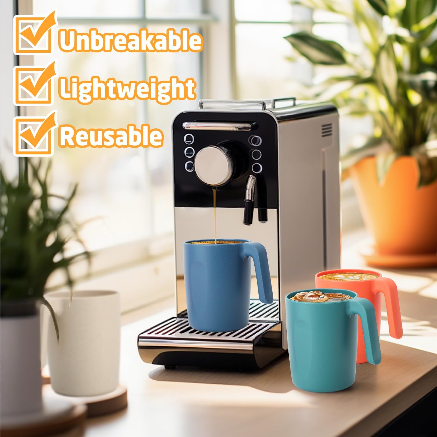 Wheat Straw Coffee Mugs Set of 6, Plastic Coffee Mugs 16 OZ, Microwave and Dishwahser Safe Plastic Cups with Handles, Unbreakable coffee Mugs for Camping, Tea, Kitchen, RV - Multicolor - Image 4