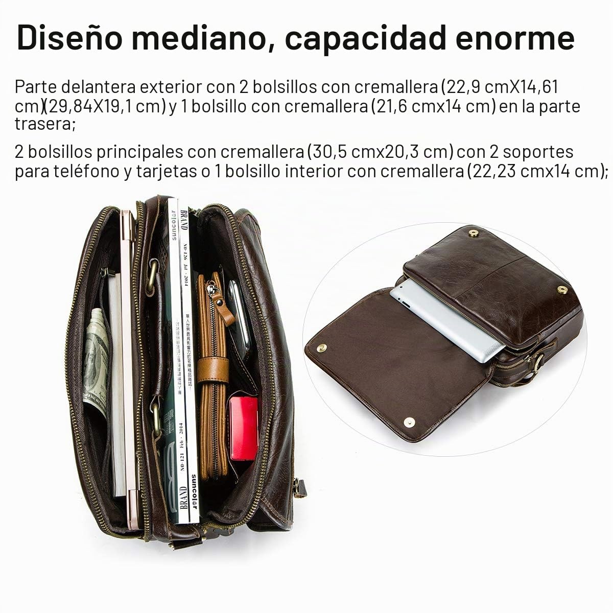CONTACTS Bolso Bandolera de Piel Auténtica para Hombre, para Laptop de 12 Pulgadas, Café,vintage mensajería para hombres y mujeres, viajes,