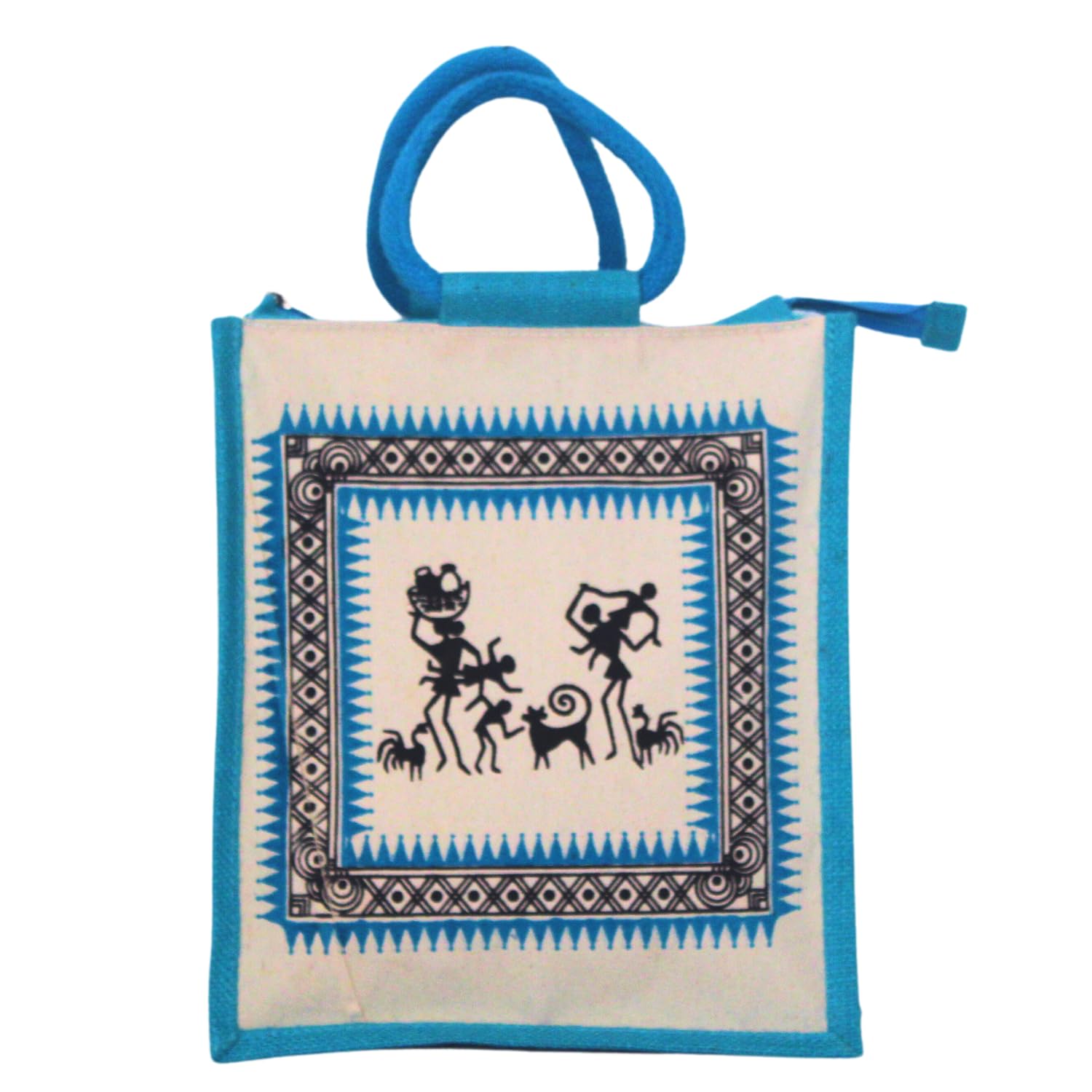 Jute Bag Printed Worli Design (Blue) -10 inches,12 inches Eco-Friendly Handbags for Office Tiffin, Laminated Interior, Multipurpose Carry Bag or Tiffin, Grocery Bag with Handle for Men & Women (B0CGHZ1P48) Amazon Price History, Amazon Price Tracker