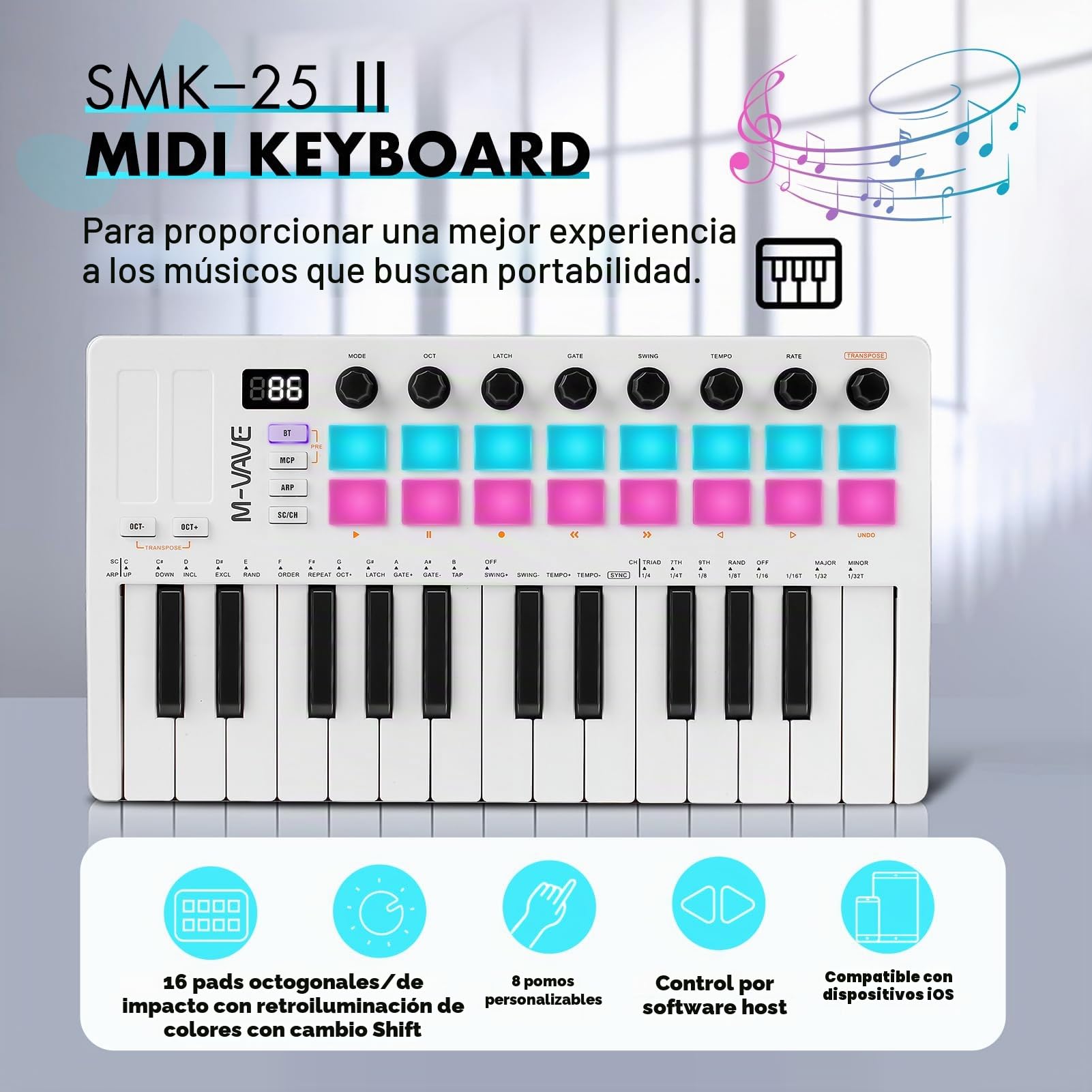 Nikou M-VAVE Upgrade USB Mini Teclado Controlador 25 Teclas, Batería Recargable, Arranger Keyboard Portátil, Almohadillas RGB, Batería Integrada (Blanco)