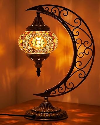 Baquler Turkish Mosaic Moon Lamp - Handmade Stained Glass Table Lamp with Metal Crescent Base, Bohemian Moroccan Bedside Night Light for Bedroom Living Room Decor, Unique GiftOrange