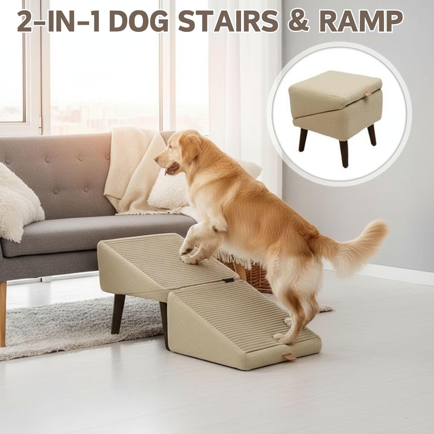 2-in-1 Folding Dog Ramp and Footrest, Convertible Wooden Pet Stairs for Small and Medium Dogs or Cats, Non-Slip Surface Step for Bed and Sofa, Space-Saving Indoor Pet Furniture (Khaki)