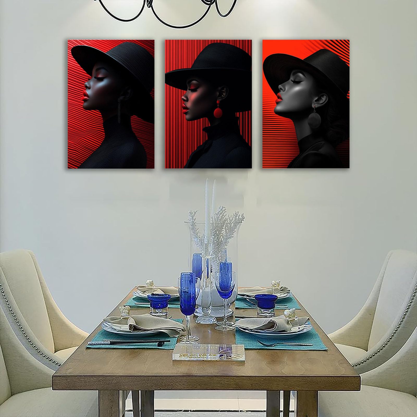 TZKRWRH Africana Mujer Negra Set de 3 Cuadros Retrato abstracto de una mujer Lienzo Moderna Abstractas Cuadro Arte Pared Para Sala Estar Carteles E Impresiones（Red 9-40x60cmx3 Enmarcado