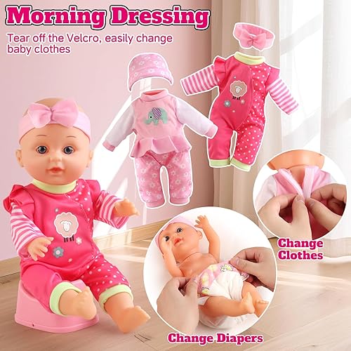 Miniatura 4 de Juego de cochecito de muñeca de bebé para niñas pequeñas de 3 a 5 años, una muñeca de 12.5 pulgadas con accesorios de muñeca de bebé, almohada,