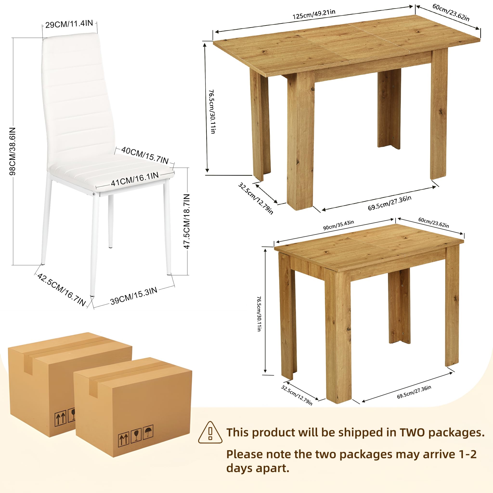 Set tavolo da pranzo allungabile 90-125 cm con 4 sedie, set tavolo e sedie in similpelle, risparmio di spazio, per piccolo spazio cucina, sala da pranzo e soggiorno (rovere + bianco)