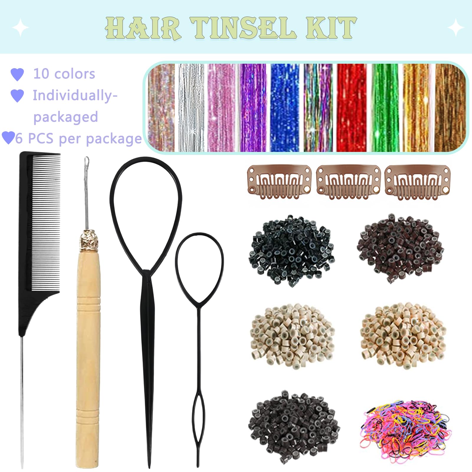 Green Hair Tinsel Kit for Girls 1800 Strands Fairy Tinsel Hair Extensions Holographic Hair Tinsel Heat Resistant Colored Hair Glitter Christmas Party Festival (Green) - Image 2