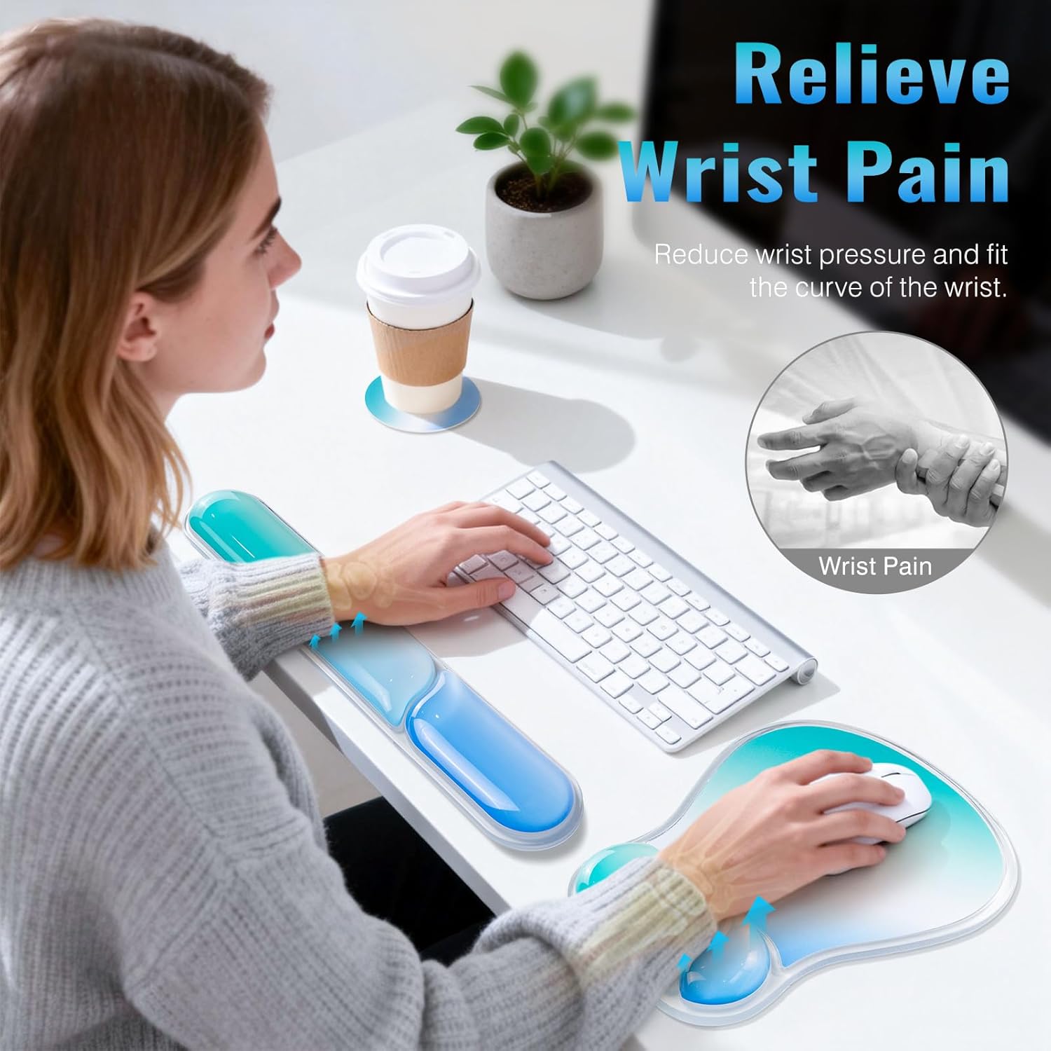 Ospelelf Mouse Pad with Wrist Rest Set Gel Ergonomic Keyboard Wrist Support Anti-Slip Rubber Bottom Office Women Desk Accessories for Computer, Laptop and Gaming, Blue