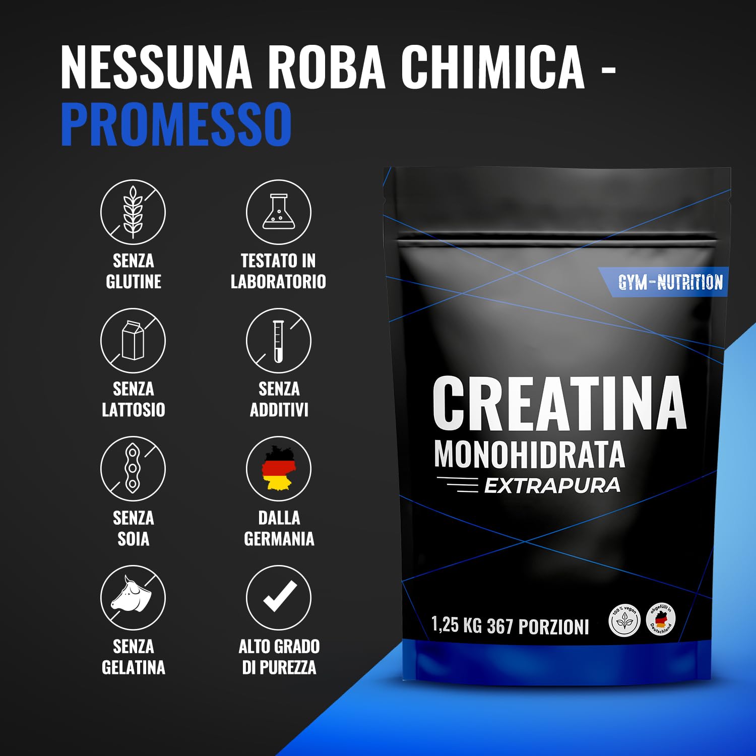 Creatina Monoidrata Polvere Extrapura - 1,25 kg (367 Porzioni) con Vitamina B6 - Vegan e Prodotta in Germania - Creatine Monohydrate Powder
