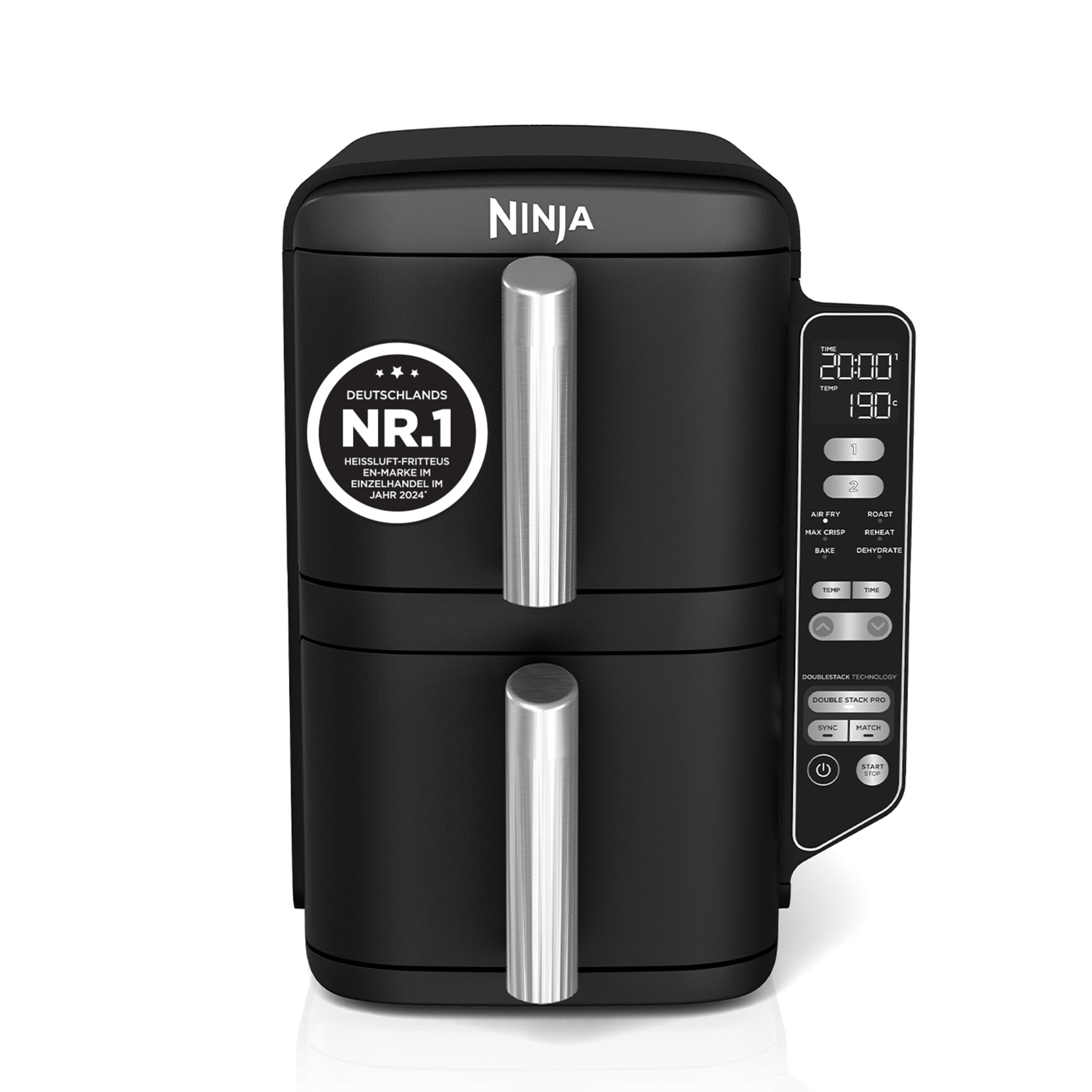 Ninja Double Stack Heißluftfritteuse, 7,6L Digitale Air Fryer Doppelkorb mit 4 Kochstufen, 2 Schubladen, 2 Gestelle, Platzsparendes Design, 6 Kochfunktionen, 6 Portionen, Schwarz SL300EU