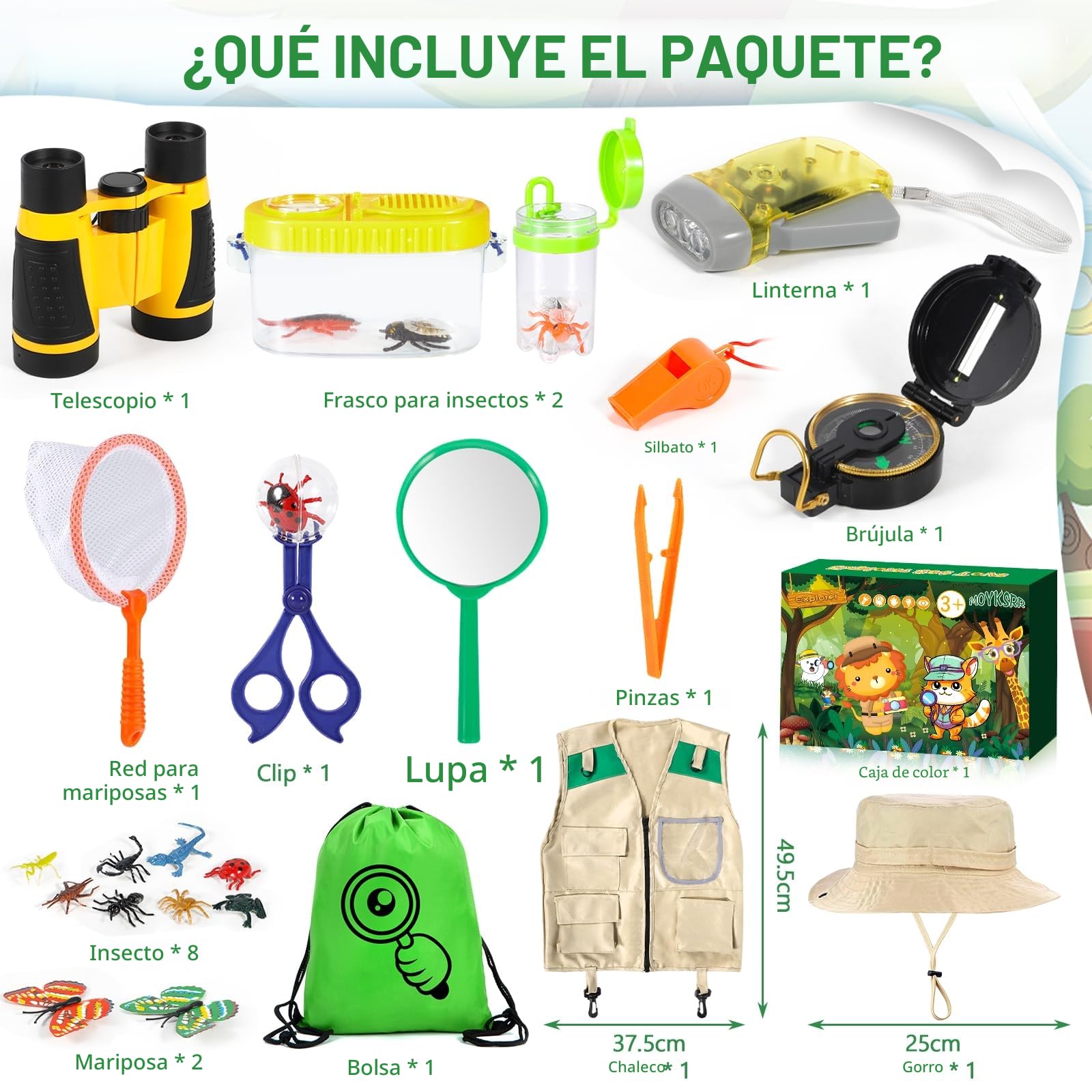 MOYKSRR Kit Explorador Niños, Aire Libre Aventura Juguetes, Kit de Exploración para niños con Chaleco de Safari, Sombrero de Safari, Prismáticos, Juego de Explorador Regalo para Niños de 3 a 10