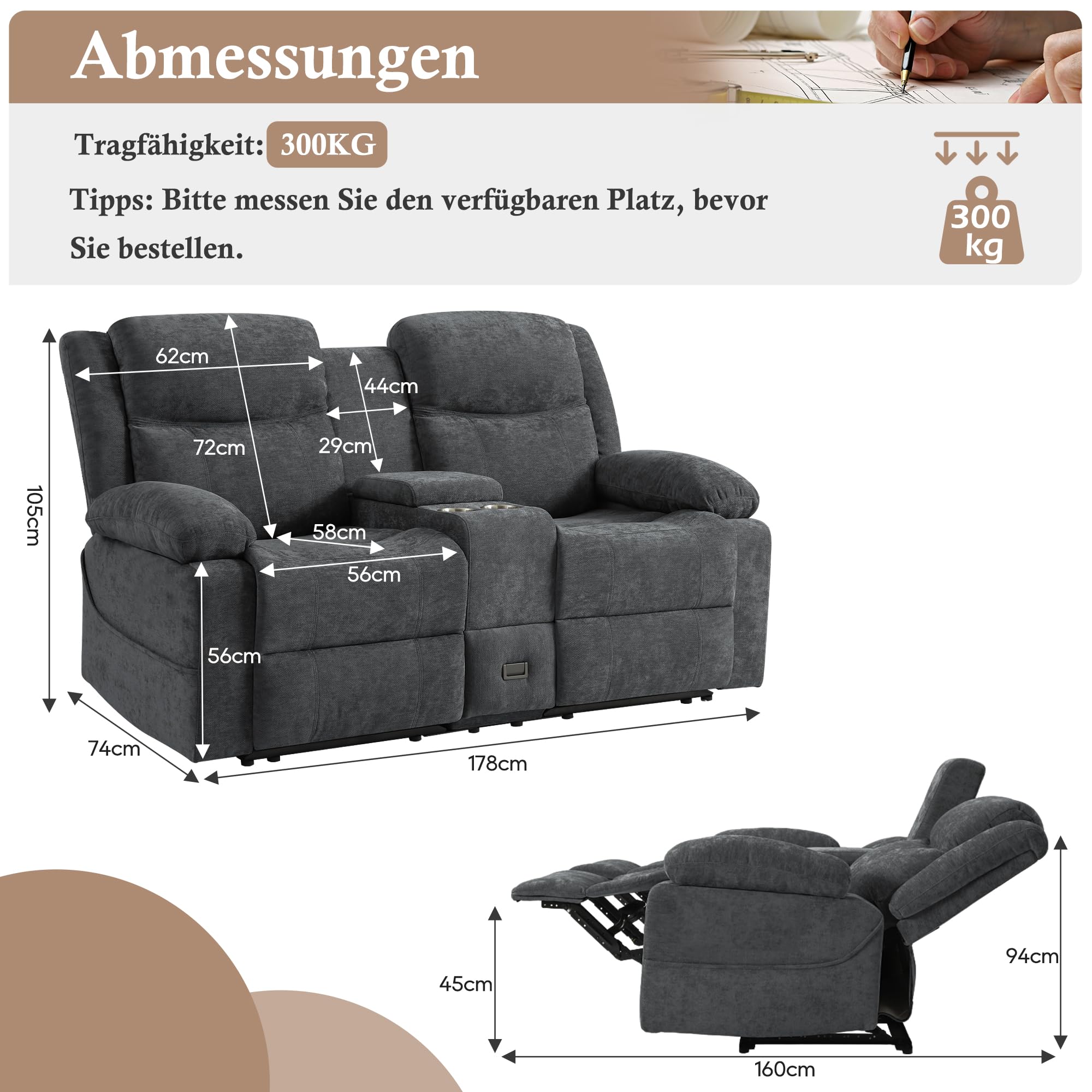 Zweisitziges Relaxsofa mit manueller Liegefunktion, Stoffbezug, Mittelkonsole mit Becherhaltern & Seitentasche – Doppel-Liegesofa ideal für Wohnzimmer, Büro oder Wohnung (Grau)
