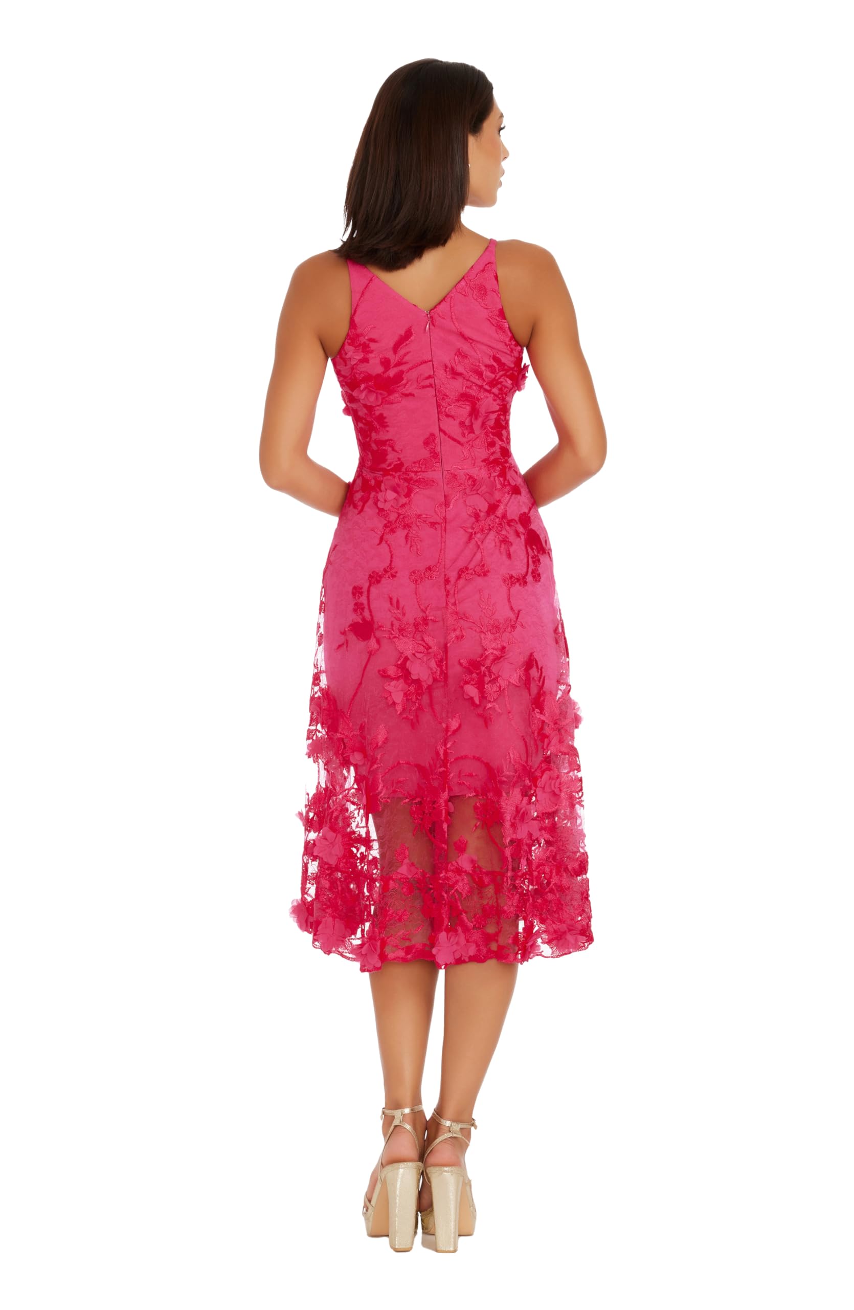 Dress The Population Womens Audrey Spaghetti Strap Midi A-line 3D Floral Dress: Small Begonia