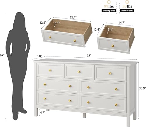Miniatura 13 de LYNSOM Cómoda negra para dormitorio con 7 cajones, cómoda moderna y ancha de almacenamiento con asas doradas, cómoda de soporte de TV, cómoda de