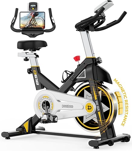 POOBOO Bicicleta estática para gimnasio en casa, resistencia magnética, bicicleta de ciclismo interior con cómodo cojín de asiento y soporte para
