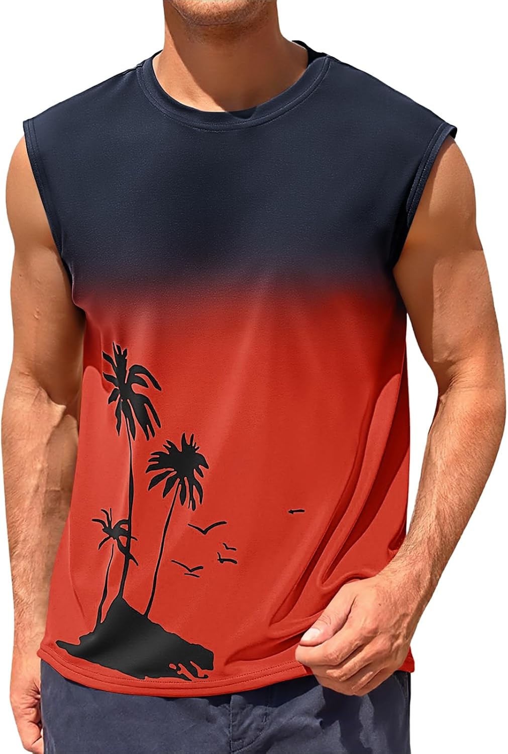 Runcati Mens Graphic Tank Tops Sleeveless Palm Tree Gradient Shirts Beach Hawaiian Gym Muscle Workout Tops