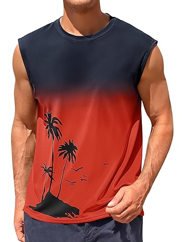 Runcati Mens Graphic Tank Tops Sleeveless Palm Tree Gradient Shirts